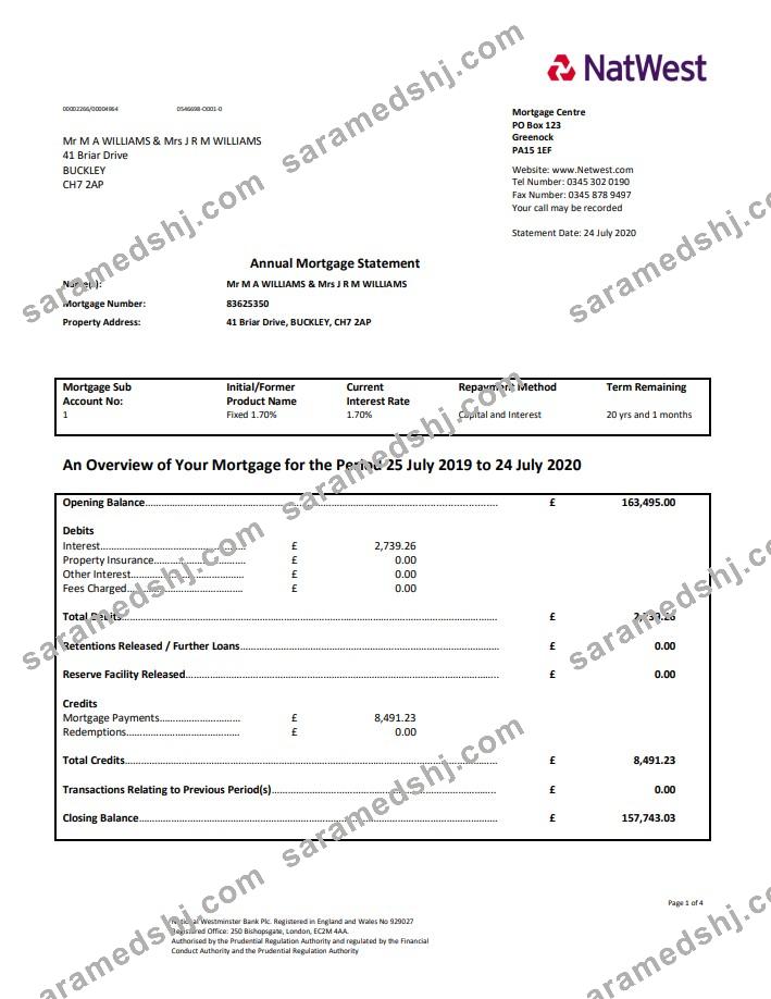 United Kingdom NatWest bank proof of address statement in Word and PDF format (.doc and .pdf)
